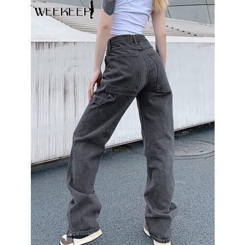 Weekeep Wide-leg Straigh Gray Womens Jeans High Waist High Street Pants Loose Large Pocket Full Length Jeans Women