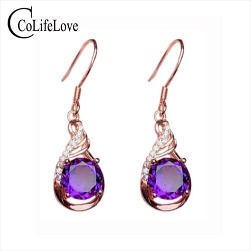 CoLife Jewelry 925 Silver Amethyst Eardrop for Party 7*7mm Natural Amethyst Drop Earrings Elegant Amethyst Jewelry Gift For Lady