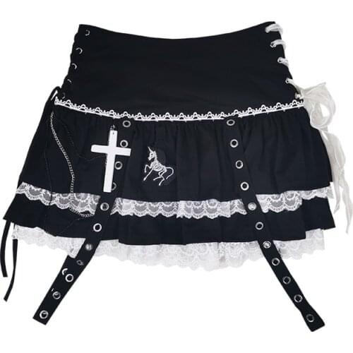 Hot Girl Y2K Cake Skirt Sweet Cool Girl High Waist A-line Skirt Gothic Harajuku Punk Black Lace Short Skirt Suit