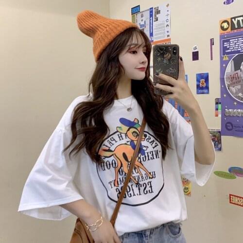 Summer Tops For Women 2020 Fashion Loose T shirts Cute Fawn Cartoon Printed Short-Sleeved T-shirt Tee Female Girls White Shirts