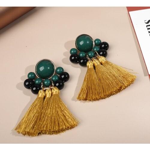 Trendy Boho Handmade Tassel Earrings for Women Vintage Big Beads Statement Fringed Earrings Female Wedding Jewelry Pendientes