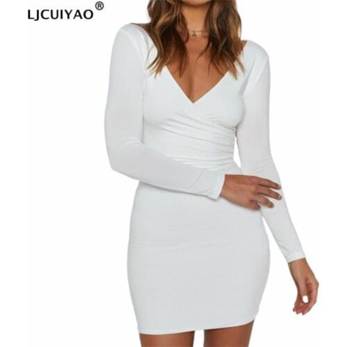 LJCUIYAO Women Fashion Long Sleeved Dress Skinny Ruched Mini Autumn Patchwork Deep V Neck Sexy Party Club Outfits Clothing 2021