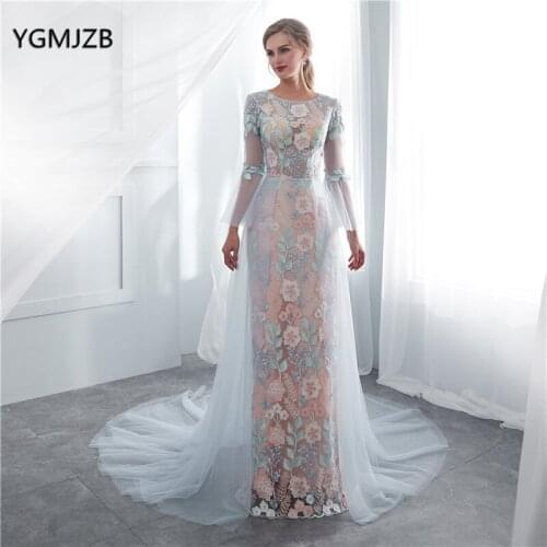 Abendkleider 2018 Elegant Lace Evening Dresses Mermaid Long Sleeves with Train Women Formal Prom Evening Gown robe de soiree