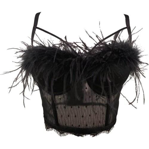 1005003 Furry Feathers Women Gauze Mesh Crop Top Removable Spaghatti Strap Bustier Sexy Ladies Inner Corset Bralette Black White