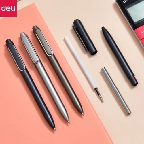 12PCS/Lot Deli Gel Pen Metal Texture Press Gel Pens 0.5MM Black Ink Bullet Pen Write Smooth for School Student Office Sign Pen