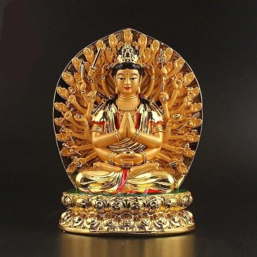 19cm Gold Plating Resin Avalokitesvara Kwan Yin Statue The Thousand-Hand Bodhisattva Sculptures Home Decor For Good Luck