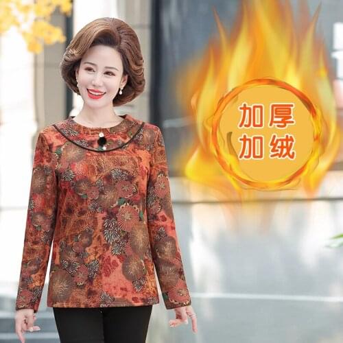 Velvet Thick Women Bottoming Shirt Autumn Winter Warm Printed Pullover 5XL Plus Size Middle Age Mother Long Sleeve Tops