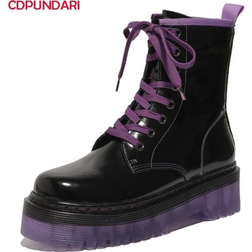 Black Genuine Leather Ankle Martin Boots Women Flat Platform Punk Short Boots Ladies Spring Autumn Casual Shoes Bottines Femme