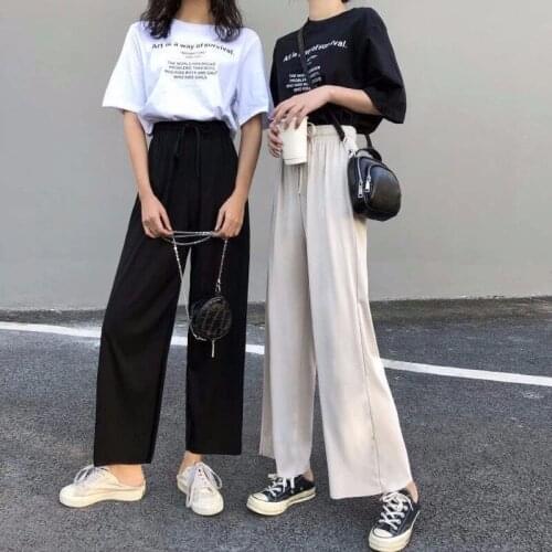 Womens Loose Summer Straight Pants Soft Ice Silk Ankle-Length Black Wide Leg Pants Grey Khaki Women High Waisted Trousers 2021