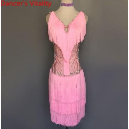 Children Girls Latin Dance Performance Costume Rumba Samba Tango Salsa Competition Tassel Sparkling Rhinestone Sleeveless Dress