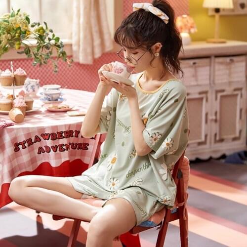 Home Luxury Pajamas For Women Summer Red O-Neck Pajamas Korean Women Leisure Nightwear Suit Sweet Girl Kawaii Cartoon Sleepwear