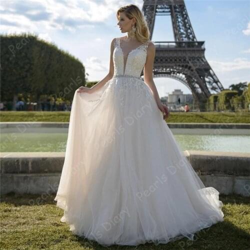 Elegant Sleeveless Wedding Dresses With V Neck 2021 A-line Appliques Lace Tulle Bridal Gowns Robes Beadings Beading Bride Dress