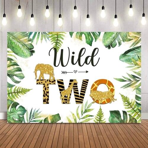 Wild Two Birthday Backdrop photocall newborn baby birthday party decoration safari jungle green leaves animals backgrounds