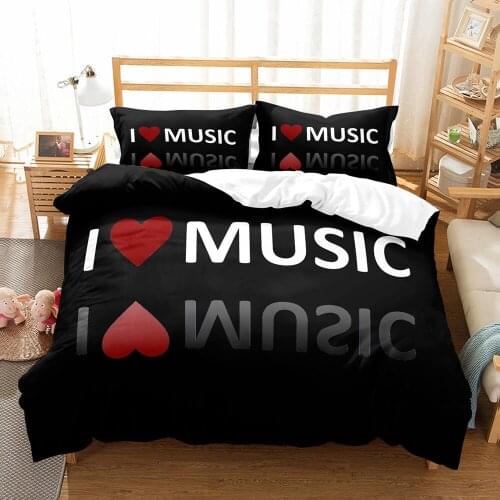 I Love Music Quilt Bedding Sets Cotton Home Textile 3D Print Music Lover Bedroom Comforter Set Queen Size Cover Duvet Set Black
