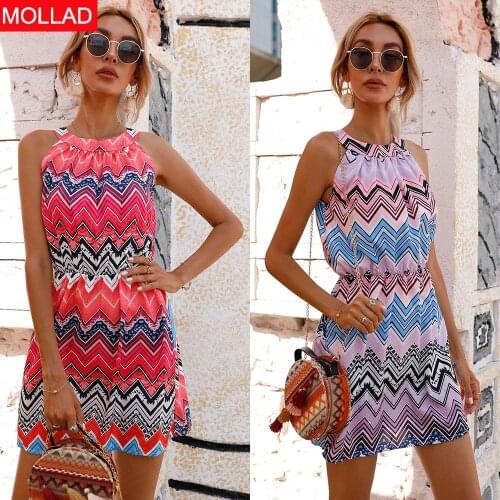Summer 2021 Womens Clothing Tight Waist Corrugated Printed Sleeveless Dress Mini Summer Dresses For Women