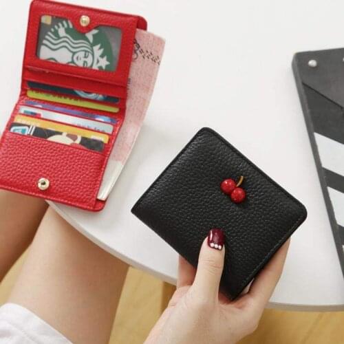 Genuine Leather Small Mini Ultra-thin Wallets Women Compact Wallets Simple Small Cherry Wallet Cowhide Card Holder Short Purse