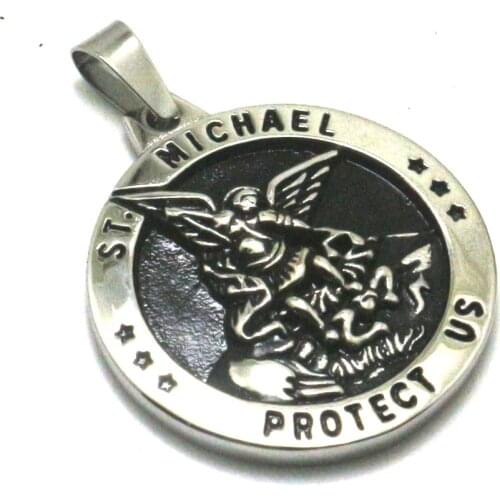 Men Boy Cool 316L Stainless Steel Star SAINT MICHAEL PROTECT US Round Medal Pendant Newest
