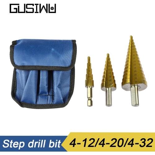 GUSIWU 3pcs Hss Step Drill Bit Set 4-12 4-20 4-32 Titanium Coated Step Cone Drill Triangular Handle Metric Metal Stepped Drill
