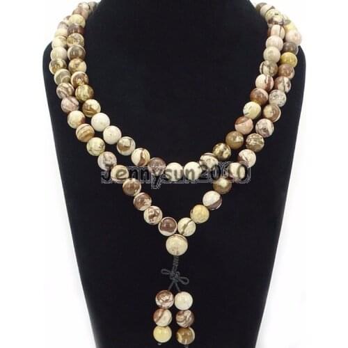 Natural Brown Zebra 10mm Gems Stone Buddhist 108 Bead Prayer Mala Long Necklace Multi-Purpose Bracelet Necklace 5Strands/Pack