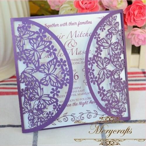MR012 Delicate Romantic Butterfly Carved Pattern Square Two Sides Unique Deisgn Wedding Decorations Laser Cut Invitation Card