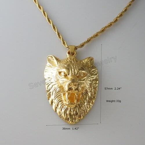 NEW YELLOW GOLD OVERLAY COATED 24" ROPE NECKLACE& BIG SUPER HEAVY WOLF HEAD VIVID PENDANT 33G GREAT GIFT