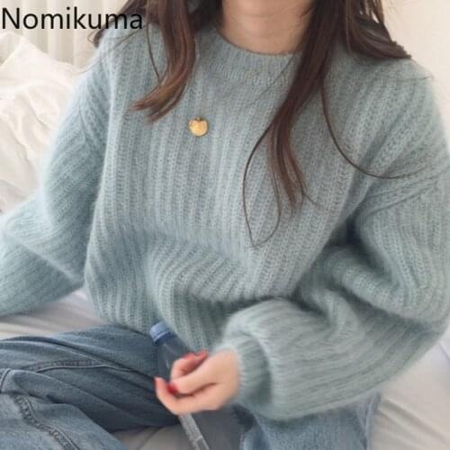 Nomikuma Autumn New Sweater Women Solid Color Thicken Warm Pullover Jumpers O Neck Long Sleeve Loose Elegant Tops Korean Fashion