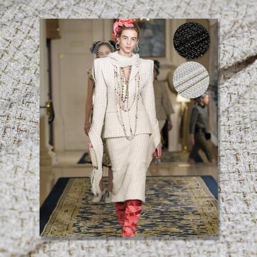 Pearlsilk style black white gold thread tweed 100%polyster Autumn jacket DIY clothes fabrics