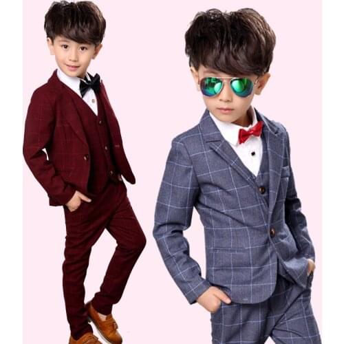 Child Blazer Suit Coat + Vest + Pant 3 Parts Slim Boy Clothing Sets Wedding Dress 2 to 12 Years Old Kid Gentle Party Suit Plaid
