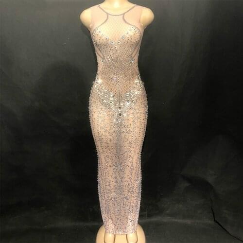 Sexy Bling Long Rhinestone bodycon Dress Women Net Yarn Sparkling Crystal Sleeveless Nightclub Party Dancer Singer Stage Wear