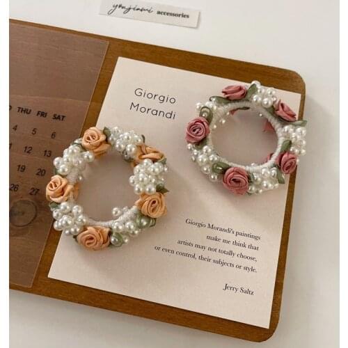 Women Fashion Rose Flower Pearl Hair Tie Girls Hair Rope Hand Woven Hair Bands