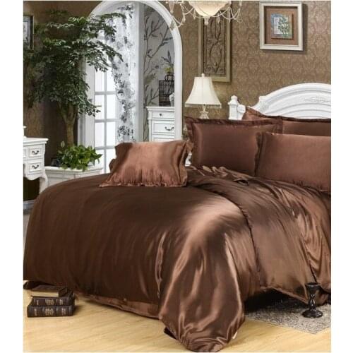 Luxury Silk Bedding set brown Satin California King size queen quilt duvet cover fitted bed spread sheets sheet bedspread 5pcs
