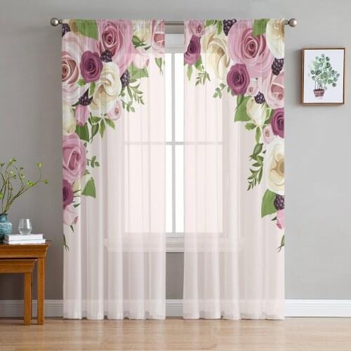 Pink Rose Flower Print Sheer Window Panel Curtains Room for Living Room Bedroom Kitchen Room Chiffon Tulle Curtains