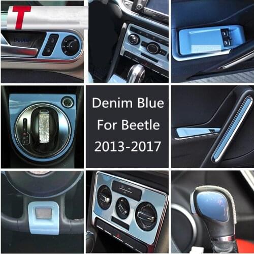 Interior Styling Denim Blue Shift Knob Cover AC Control Panel Moulding Trim Handle Sticker For Volkswagen Beetle 2013 - 2017