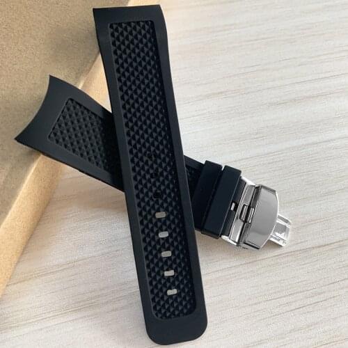 Waterproof 22mm 24mm Black Silicone Rubber Radian / Arc Degree Strap Watch Parts Watch Band and Folding Clasp