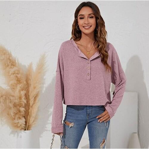 Elegant Button Long Sleeve Short T-shirt Top Women Thick Autumn Winter New Solid Casual Loose Pink BlackFashion Tee Streetwear