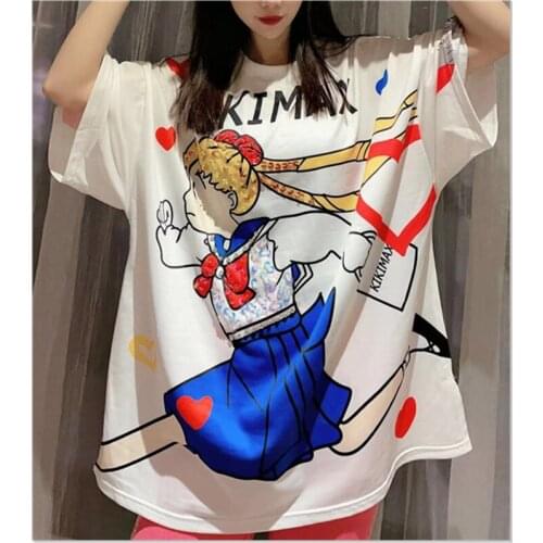 Womens autumn fashion printed sequins loose street mid-length short-sleeved t-shirt women Y596