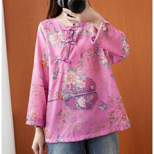 Women Cotton Linen Casual T-shirts New 2021 Spring Chinese Style Vintage Floral Print Loose Female Long Sleeve Tops Tees S3468