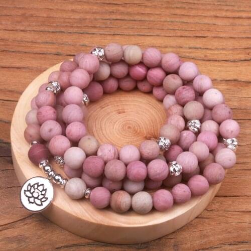 Women`s Yoga Bracelet 108 Mala Frosted Rhodonite With Rhinestone Bracelet Healing Spiritual Gift