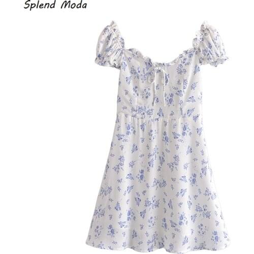 2021 Summer Chic V Neck Puff Sleeve Bowknot Lace Edible Tree Fungus Elastic Folds Floral Print Dress New Female Zipper Vestido