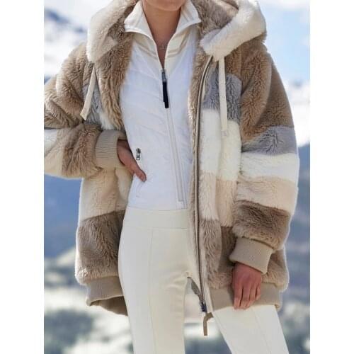 Winter Woman Jacket Fashion Plush Patchwork Zipper Pocket Hooded Fur Coat Retro Loose Long Sleeve Plus Size Top Coat
