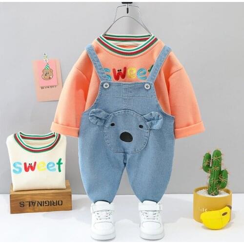 2021 Autumn Baby Boys Girls Cotton Clothing Children T-Shirt Denim Overalls Jeans 2Pcs/Set Fashion Kids Sport Clothes Trackusuit