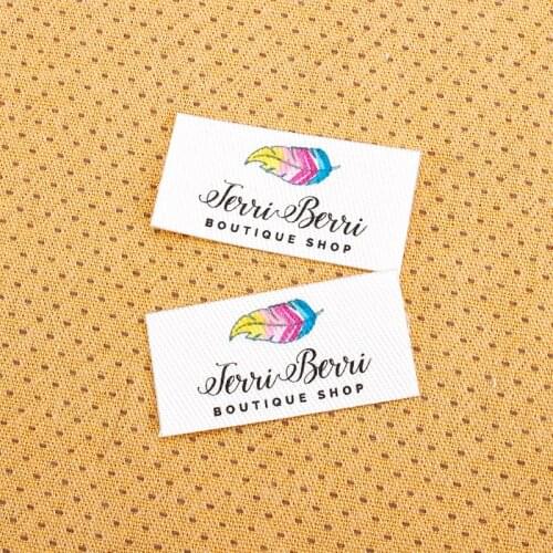 75 Custom Iron Labels, Logo or Text, Custom Design, iron on, Organic Cotton Fabric Name Label，feather (TB0109)