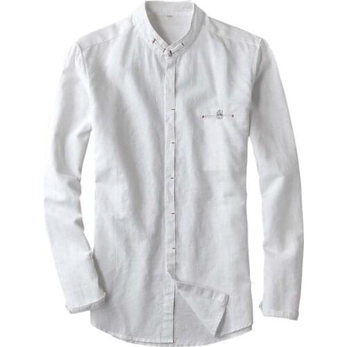 Mens Shirts Long Sleeve Cotton Linen Mandarin Collar Casual Shirt Gentlemen Dress Shirts Slim Fit Cotton Shirt Men Cloth TS-249