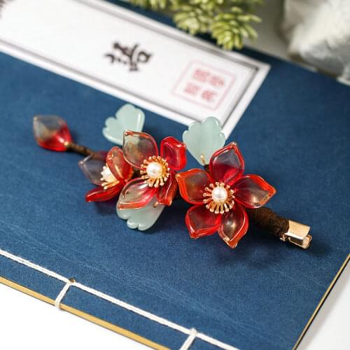 FORSEVEN 1 Pcs Red Flower Crystal Pearls Hair Clips Vintage Chinese Style Hairpins Jewelry Women Girls Hanfu Dress Headpieces