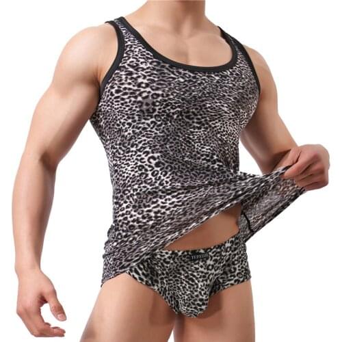 Mens Undershirts Sets Leopard Printed Tank Tops Boxer Shorts Sets Two Piece Workout Sports Gym Underwear Shirts Panties Suits