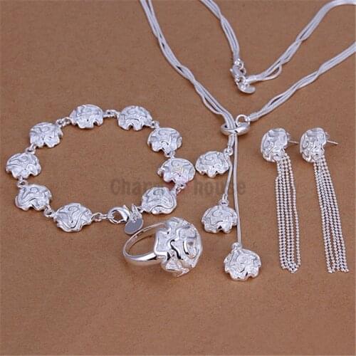 Silver 925 Jewelry Sets for Women Fashion Rose Flower Necklace Ring Bracelet Earrings 4pcs Wedding Bridal Costume Jewellery Sets