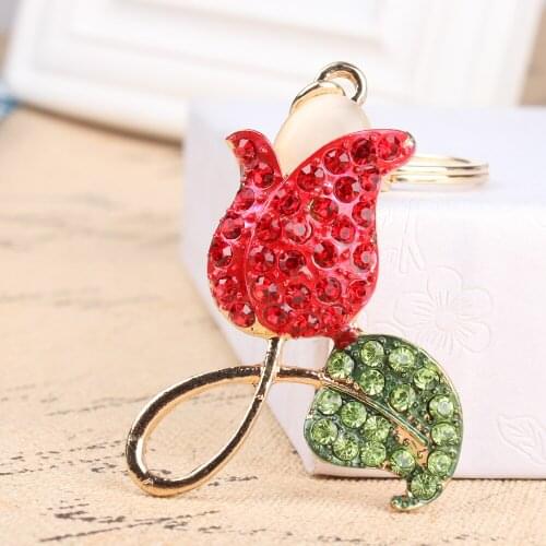 Red Rose Green Leaf New Fashion Crystal Charm Purse Handbag Car Key Ring Chain Party Wedding Birthday Creative Gift