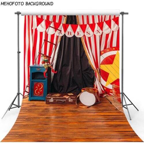 Red and White Circus Backgrounds for Kids 5x7ft Photography Backdrop Black Curtain Baby Shower Tent Wood Floor for Party Custom