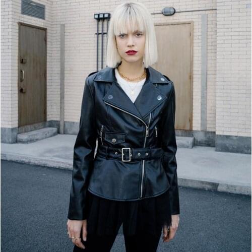 Fake two pieces Mesh splicing pu Leather Jacket female Colorful Turn-down collar Punk Rock Cropped Jackets pu leather coat F1058