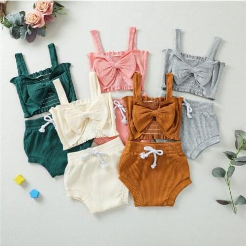 S Summer Baby Girls Boys Clothes Sets 2pcs Solid Big Bowknot Strap Sleeveless Vest Tops Shorts